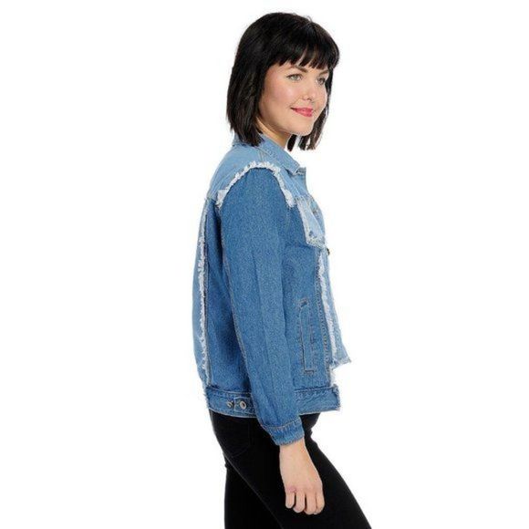 Pieced Denim Blue Jacket with Raw Edges & Cut Out Front - Picture 2 of 5